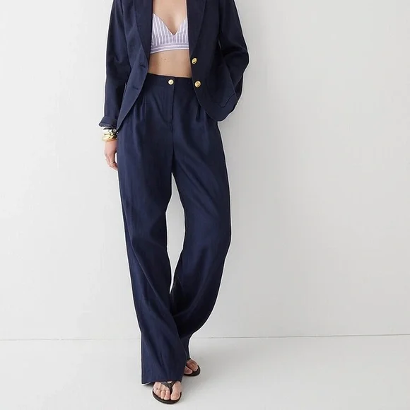 J. Crew x Marie Marot Sz 0 sailor wide leg pants linen blend navy gold buttons - Picture 1 of 7